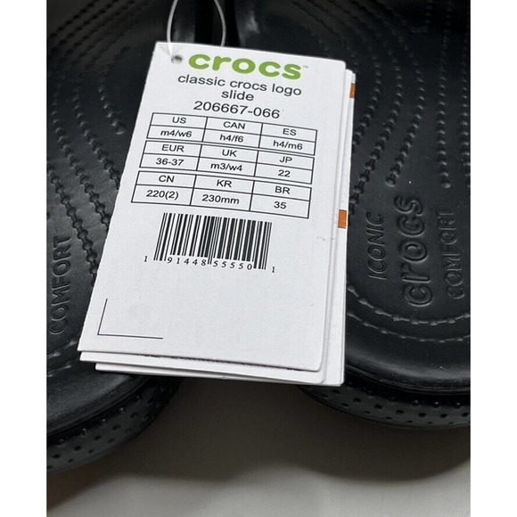 NEW Crocs Classic Logo Slide Rubber Sandals Size 6 Women's Black Roomy Fit - Picture 4 of 7